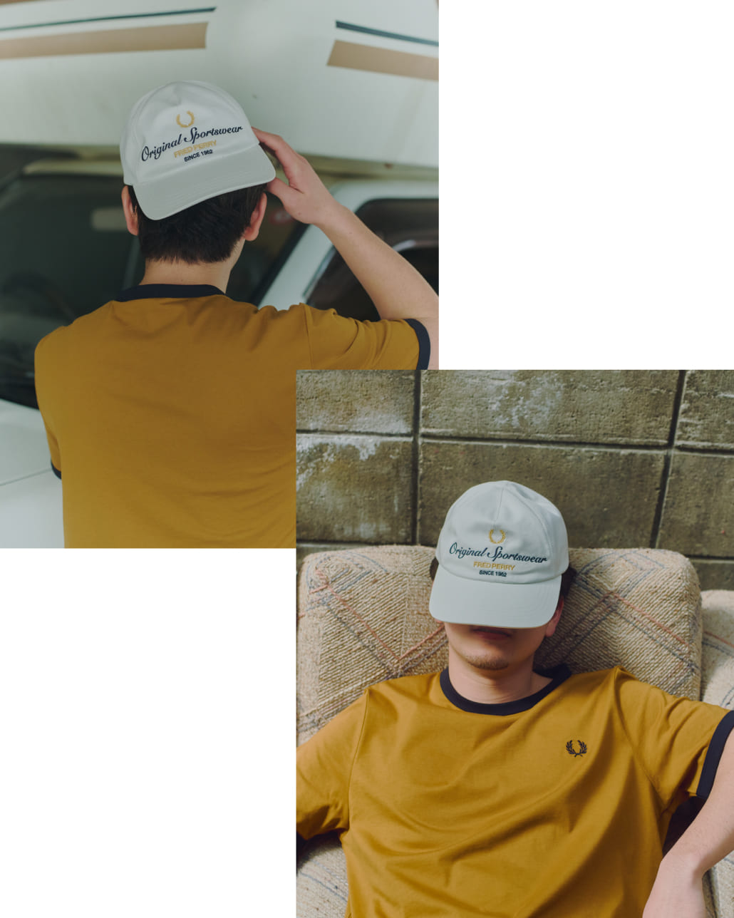 FRED PERRY [フレッドペリー] 別注 ワンポイントロゴ刺繍 リンガーTシャツ [M3519-JF]と別注 ロゴ刺繍ツイルキャップ [FPA-26S-038JF]のコーディネートです。