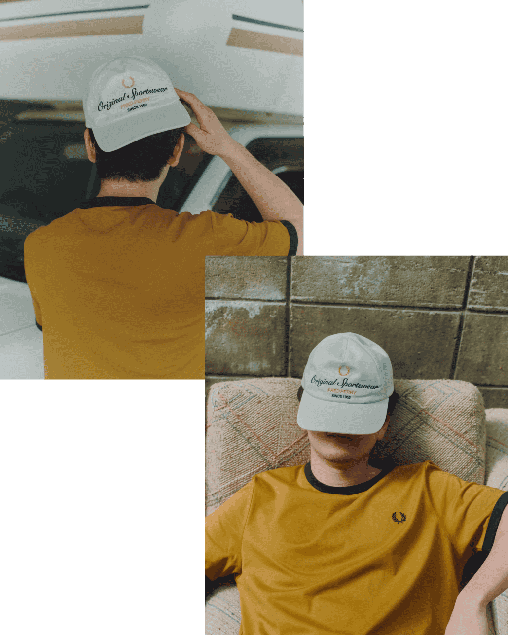 FRED PERRY [フレッドペリー] 別注 ワンポイントロゴ刺繍 リンガーTシャツ [M3519-JF]と別注 ロゴ刺繍ツイルキャップ [FPA-26S-038JF]のコーディネートです。