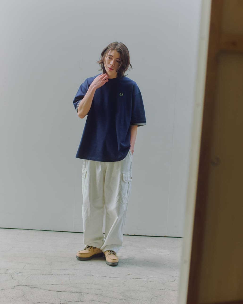 FRED PERRY [フレッドペリー] 別注 ツインティップライン ワイドシルエット鹿の子Tシャツ [FPM-26S-021JF]のコーディネートです。